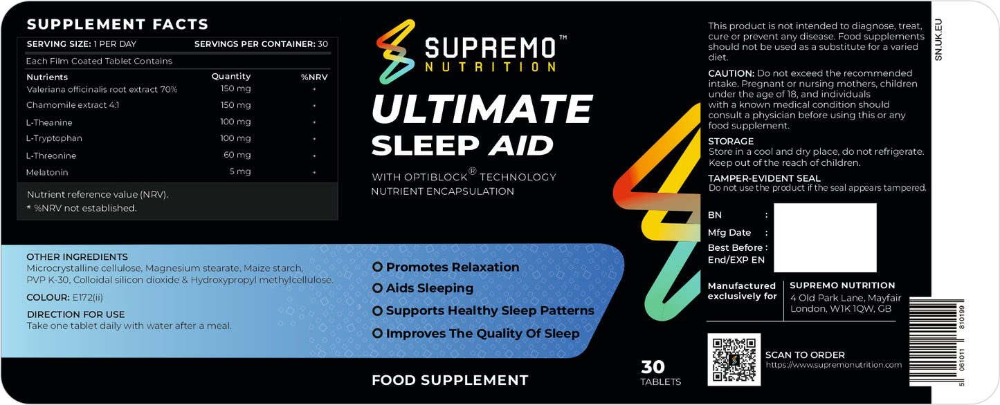 Ultimate Sleep Aid, Promotes Relaxation, Aids Sleeping, Supports Healthy Sleep Patterns, Improves The Quality Of Sleep, 30 Tablets
