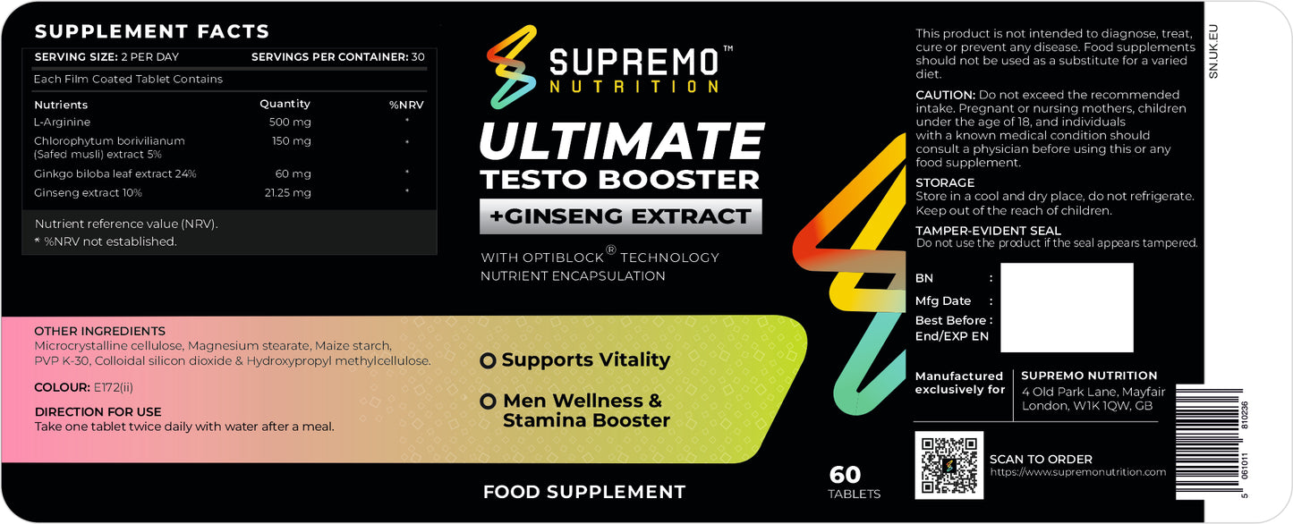 Ultimate Testo Booster with Ginseng Extract, Supports Vitality, Men Wellness & Stamina Booster, 60 Tablet