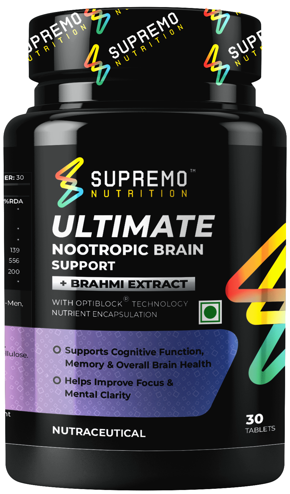 Nootropic Brain Support with Brahmi Extract, Supports Cognitive Function, Memory & Overall Brain Health, Helps Improve Focus & Mental Clarity, 30 Tablets